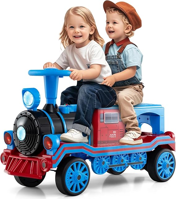 Costzon Ride on Train Trackless, 12V 2-Seater Ride on Toy with Train Whistle, LED Lights, Music & Removable Chair, Electric Train w/One-Button & Soft Start, Gift for Boys & Girls (2 Seaters,Blue)