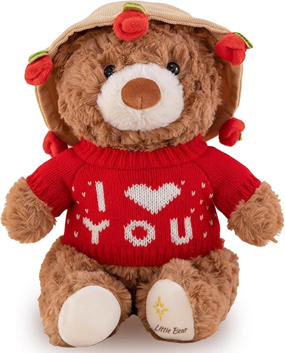 Teddy Bear for Girlfriend, Romantic 28cm I Love You Teddy Stuffed Animal Plushies with Removable Rose Hat, Valentines Day Gifts, Anniversary, Christmas Teddy Bear Gifts