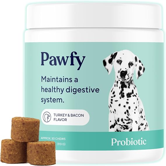 Pawfy Probiotics for Dogs - Digestive & Gut Health Supplement for Yeast | Probiotic Blend for Firm Stools, Healthy Skin & Seasonal Allergies Support. Small & Large dogs | 30 Chews.