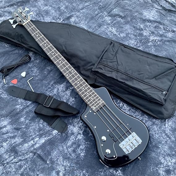 Travel Mini Electric Bass Guitar Mahogany Body 24 Fret Professional Bass Guitar Black