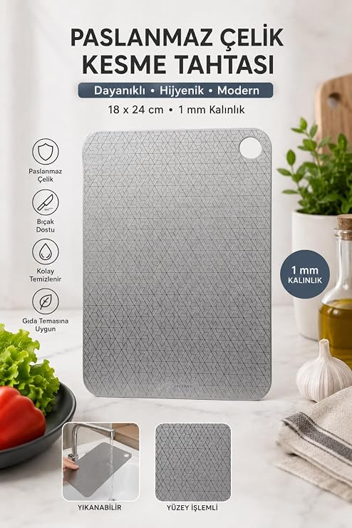 Paslanmaz Çelik Kesme Tahtası Yüzey Işlemeli 1mm Kalınlık, 18x24 cm Yıkanabilir, Gıda Temasına Uygun