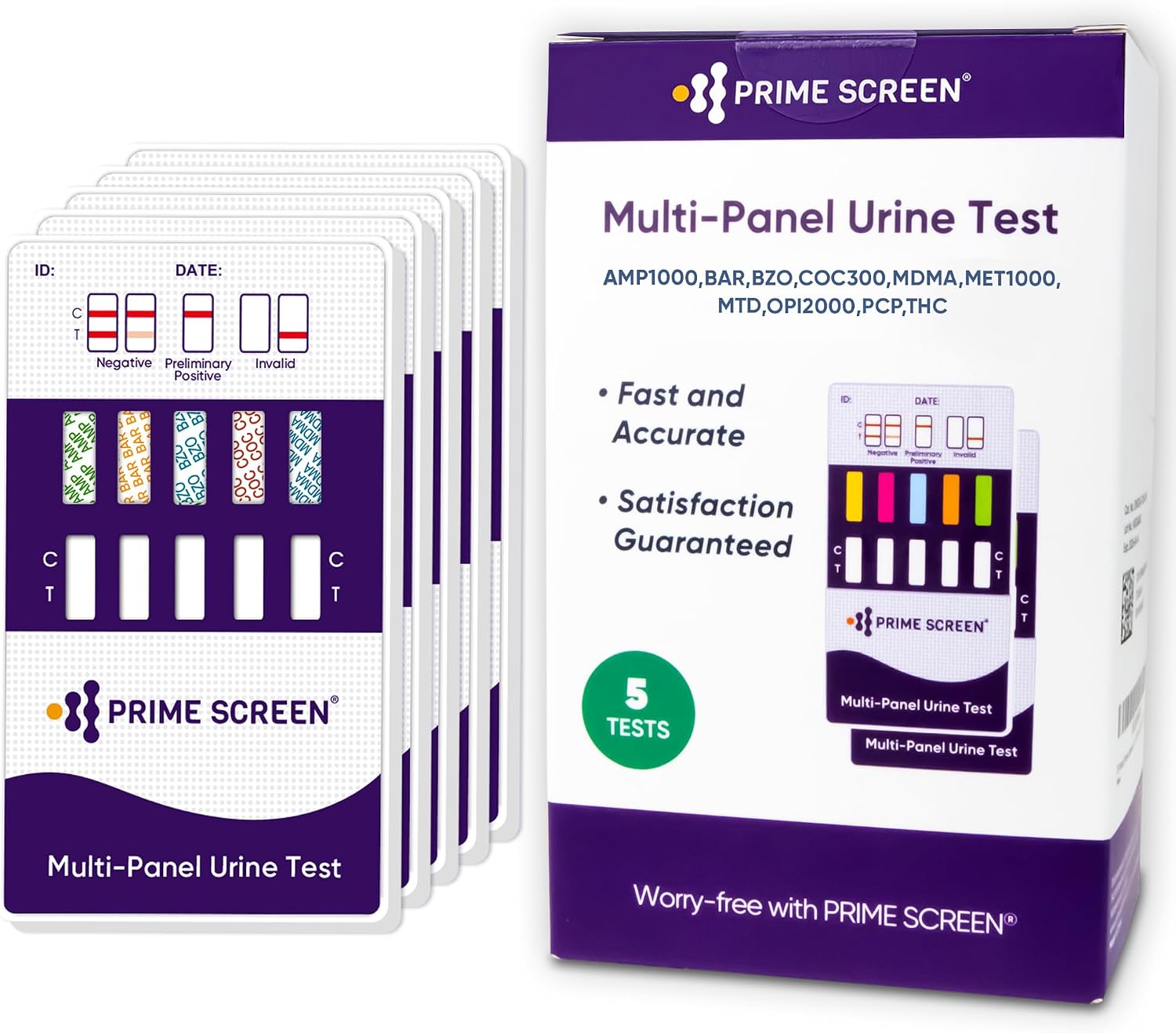 Prime Screen 5 Pack 10 Panel Uredrug Test Kit - Instantly Test 10 Drugs THC, BZO, MET, PCP, MTD, AMP, BAR, COC, OPI, MDMA - WDOA-3104