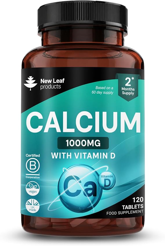 Calcium and Vitamin D3 Tablets - Calcium Supplement - 120 High Strength Tablets with Vitamin D3 - Made in The UK by New Leaf Bone & Muscle Health