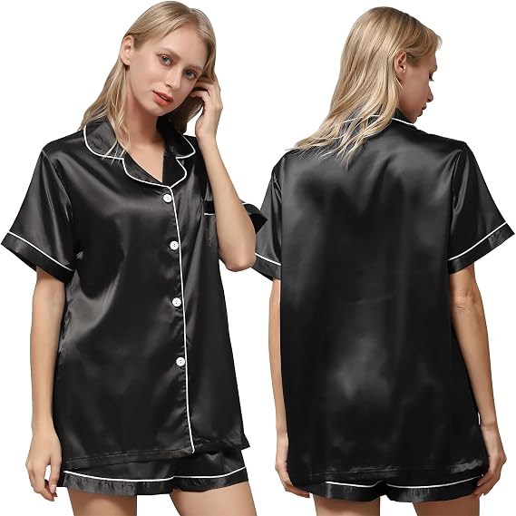 Silk Pajamas for Women, Womens Satin Pajamas Set ,Short Sleeve Sleepwear, Soft Loungewear for Ladies ,2 Piece Button Down Pj Sets Black