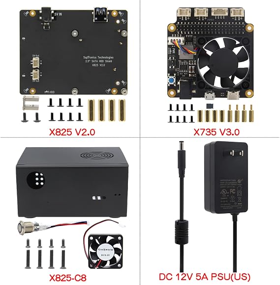 Geekworm X825 V2.0 2.5 inch SATA HDD/SSD Board + X735 Power Management Board + Metal Case with Power Switch and Cooling Fan + DC 12V 5A PSU Kit for Raspberry Pi 4 (Not Include Raspberry Pi 4)