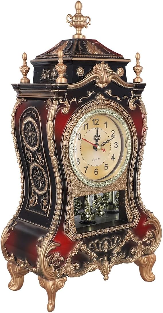 Vintage Analog Display Clock with Hourly Chimes, Silent Night Mode 9PM-6AM, Wall Mountable or Desk Stand for Home Office Decor, White Brown Red, 6.5 x 3.4 x 13 in(Brown+Red)