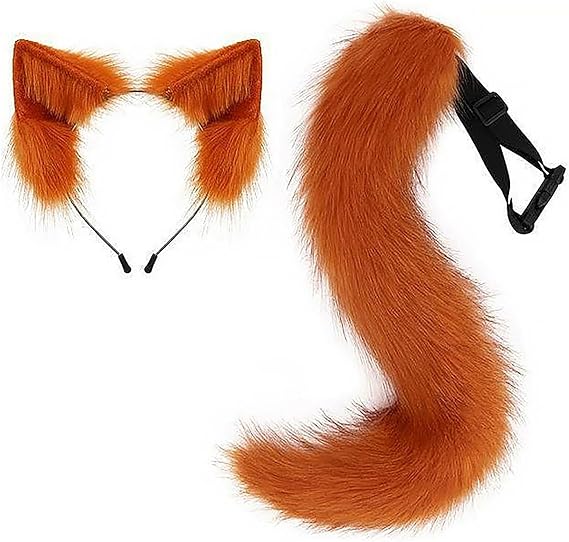 Cat Ears Headband Wolf Fox Tail Set Handmade Animal Cosplay Costume Faux Fur Headdress Party Accessories (Reddish Orange)
