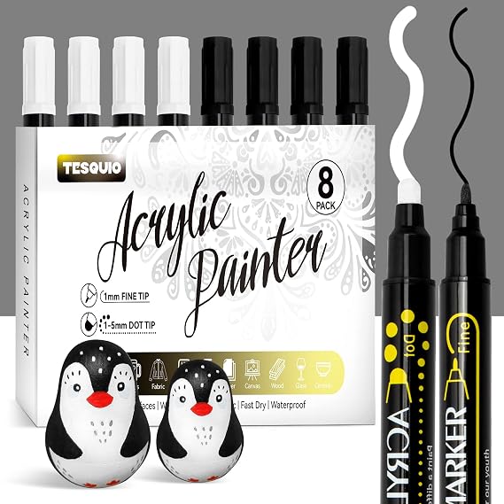 Paint Marker, Dual Tip Acrylic Paint Pens, 8 Pack Black & White Paint Pens Ideal for Wood, Rock Painting, Canvas, Stone, Glass, Ceramic