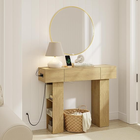 SoBuy Console Table with Outlet & Sensor Light, Farmhouse Entryway Table with Drawer, Open Storage for Hallway, Living Room, Bedroom, Foyer (Natural, 42")