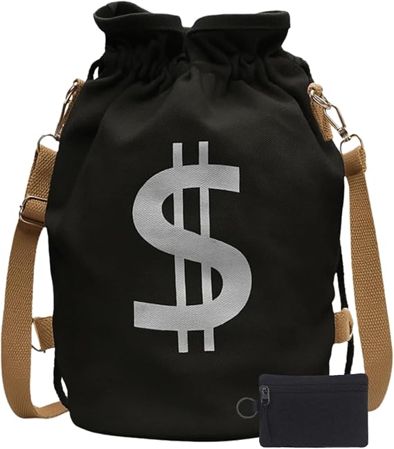 Money Bag Backpack, Canvas Drawstring Bag with Coin Pouch and Dollar Sign | Playful money bag design with a bold dollar sign, adjustable straps, and a matching zip coin pouch with keyring.