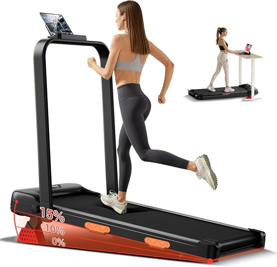 Walking Pad Treadmill with Handle Bar - 2.5HP Quiet Folding Treadmill for Home Office Under Desk Portable Walking Pad with 15% Incline 300LBS Capacity