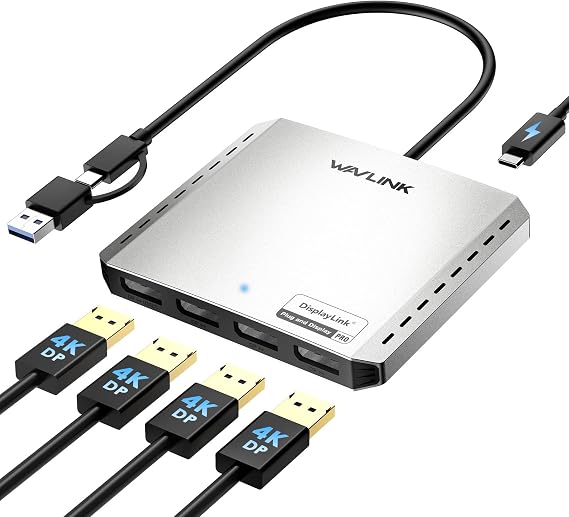 WAVLINK USB 3.0 or USB C to Quad Displayport Splitter Extended Display for Four Monitor with 85W PD, Displaylink Adapter 4 DP 4K@120Hz for Apple Mac M1/M2/M3/M4 or Windows 10/11, USB A/C to DP 4K