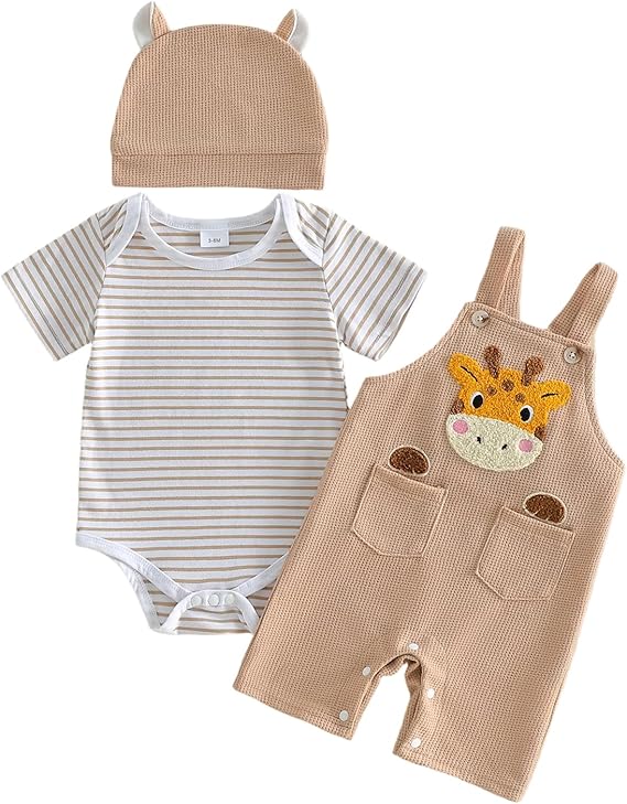 Newborn Baby Boy Fall Winter Clothes Striped Long Sleeve Romper Overall Pants Hat 3Pcs Set Cute Coming Home Outfit