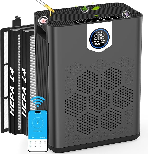 DAYETTE Smart Air Purifiers for Home Large Room with Fragrance, H14 Air Purifier with Washable Filters Up to 3000 Ft2, APP & Voice Control & 22 dB Sleep Mode for Bedroom Living Room, Black