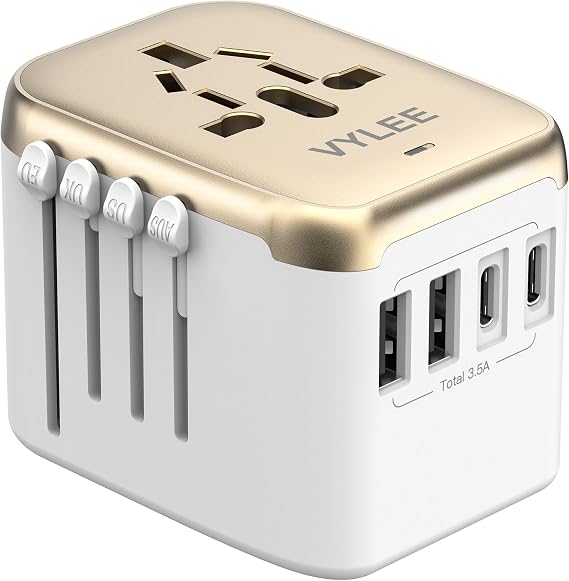 VYLEE Universal International Power Travel Plug Adapter (White Gold) | 5 in 1 Travel Plug Adapter W/ 3.5A 2xUSB-A and 2xUSB C Wall Charger and Worldwide AC Outlet for Europe USA UK AUS Asia