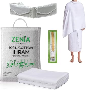 Zenia Natural Hygienic 100% Cotton Ihram (Ahram/Ehram) Towel for Hajj and Umrah - Lightweight and Durable 45 in x 90 in (Ihram with Adjustable Belt & Free Miswak)