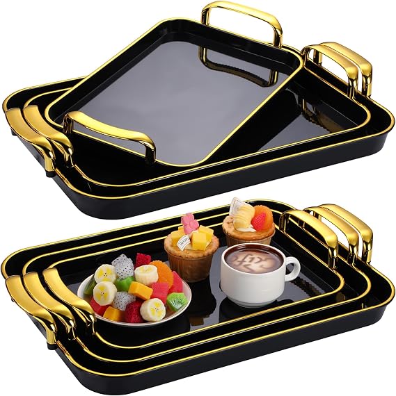 Rtteri Set of 6 Serving Platters with Handles 18.3/16.73/14.8 Inch Large Rectangular Trays, Reusable Pet Plastic for Entertaining, Dinner Parties, Weddings(Golden Handles,Black)