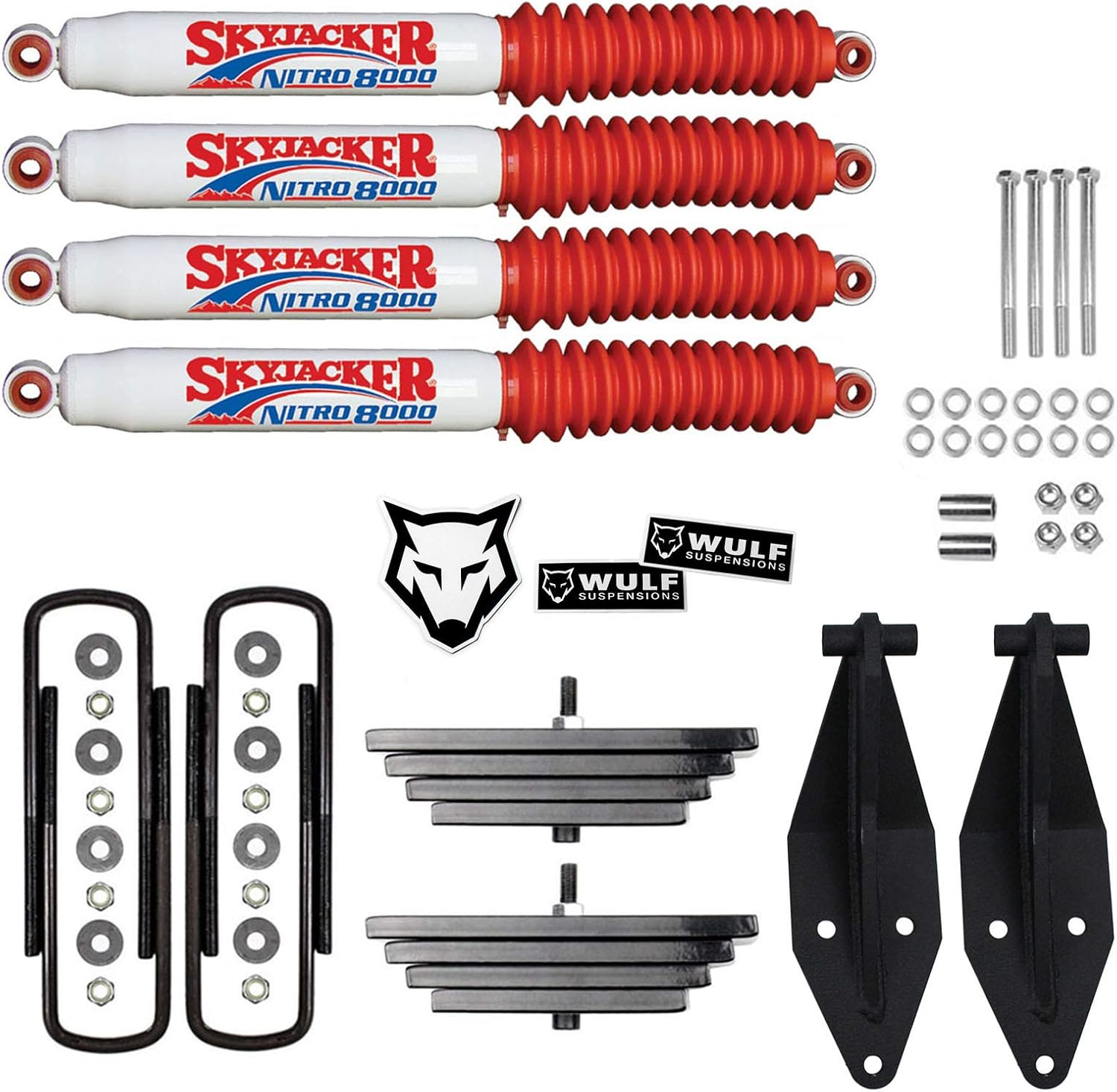 Wulf 2.8 Front Mini Leaf Pack Lift Kit 1999 to 2004 compatible with model Ford F250 Super Duty 4X4 Skyjacker Shocks included