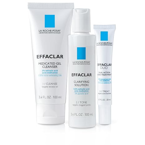 La Roche-Posay Effaclar Dermatological 3 Step Acne Treatment System, Salicylic Acid Acne Cleanser, Pore Refining Toner, and Benzoyl Peroxide Spot Treatment for Sensitive Skin