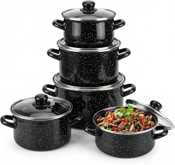 Enamelware Pot Set 5pcs - Cooking Pots with Lids, Enamel Stockpot Set for Soup Stew, Induction Compatible Vintage Cookware, Glass Lid Kitchen Pot Set (Black)