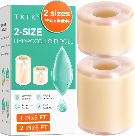 TKTK 2-Size Hydrocolloid Roll, (2in x 5ft + 1in x 5ft) FSA Eligible Hydrocolloid Bandages Value Pack, Pimple Patch Roll Cut-to-Size Strips for Pimple, Large or Small & Wound Care, Easy-Peel Backing