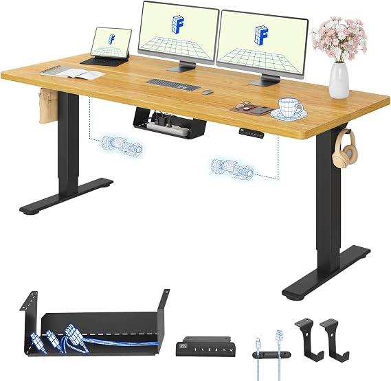 FLEXISPOT E1 Pro Electric Standing Desk with Dual Motors, ONE PIECE 180x80cm, Sit Stand Table Height Adjustable Desk with Memory Smart Pannel for Home Office,Black+Maple