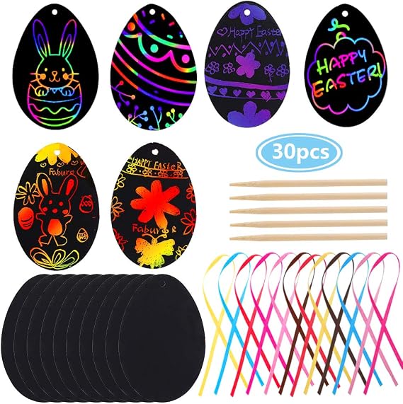 Faburo 30pcs Easter Scratch Art Egg Decorations Papers Crafts Gifts | Kids Party Bag Fillers