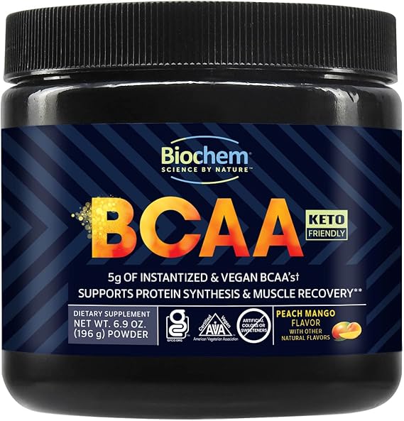 Biochem BCAA Powder Peach Mango 5g 30 Servings | Vegan, Gluten Free, Keto, Instantized 2:1:1 BCAA Supplement for Muscle Recovery, Protein Synthesis & Hydration | Electrolyte Amino Acid Powder