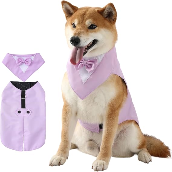 Dog Tuxedo Suit and Bandana Set Boy Dog Prince Bow Tie Shirt Formal Dogs Wedding Attire for Large Medium Dogs (Lavender,Large)