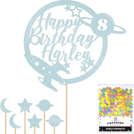 Personalised Space Rocket Planet Glitter Cake Topper Lt Blue Any Custom Age & Name Glitter Cake Decoration and Sprinkles - Happy Birthday Decorations - Personalised Toppers for Cakes by Cakeshop