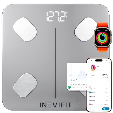 INEVIFIT Smart Body Fat Scale, Highly Accurate Bluetooth Digital Bathroom Body Composition Analyzer, Measures Weight, Body Fat, Water, Muscle, Visceral Fat & Bone Mass for Unlimited Users (Eco-SIL)
