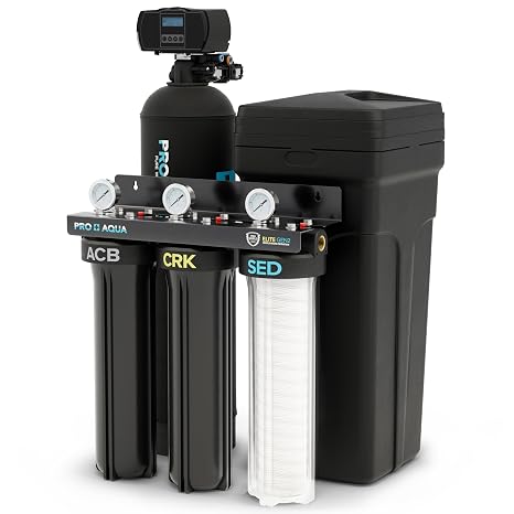 PRO+AQUA PRO-E-S25E Whole House Water Filtration System with 25,000 Grain Softener Combo | 3-Stage Well Water System | for 13 People | Removes Iron, Lead, Sulfur, Hardness | Easy Install