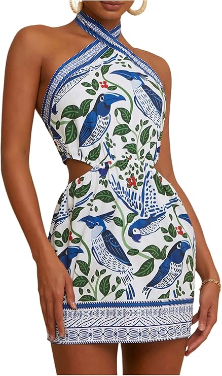 MakeMeChic Women's Boho Mini Dress Tropical Vacation Dress