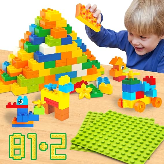 83 Pcs Jumbo Building Blocks for Toddlers (81 Blocks + 2 Baseplates) | Compatible Big Construction Bricks in Diverse Vibrant Colors | Kids Ages 3+ STEM Toy