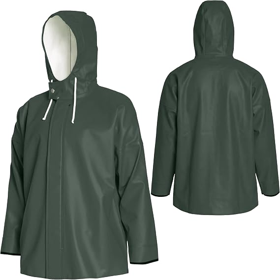 Mens Commercial Fishing Jacket, 0.70mm PU Waterproof Heavy-Duty Rain Gear with Adjustable Hood