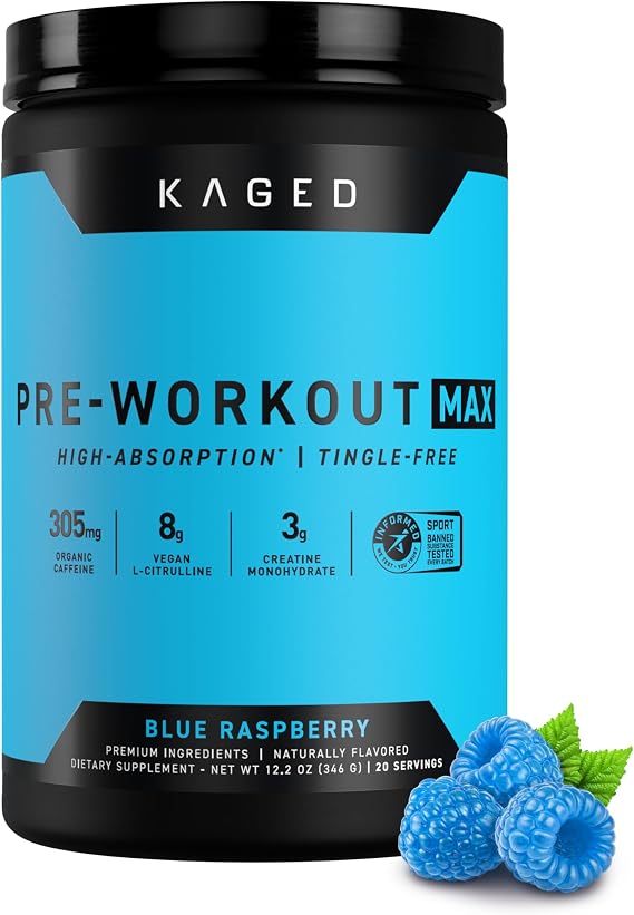 Kaged Pre Workout MAX Powder | Blue Raspberry | Tingle Free, High Stim Pre-Workout | 305 mg Caffeine, Creatine, L-Citrulline | MAXCatalyst for Absorption | Supplements for Men & Women | 20 Servings