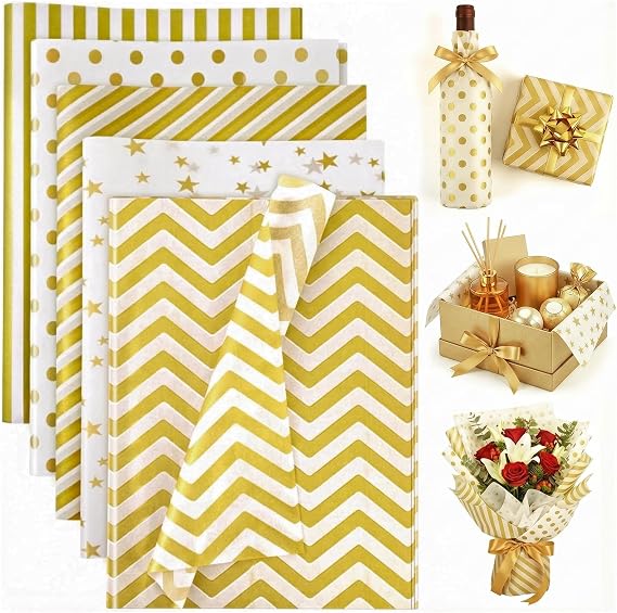 Koogel White and Gold Tissue Paper 100 Sheets, 20 X 14 inch for Gift Bags