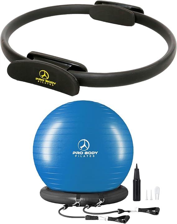 ProBody Pilates 14" Magic Circle and a 65 cm Yoga Ball with Base and Bands (2pcs) Bundle for Stability, Barre, Yoga, Core Training and Physical Therapy