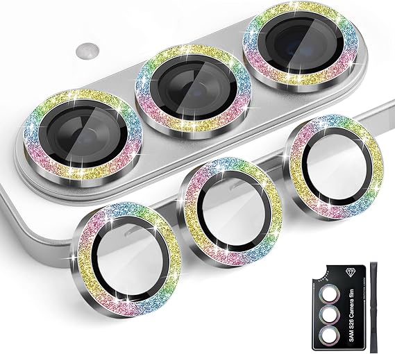カメラレンズプロテクター Galaxy S26用 個別強化ガラスアルミニウム合金リングレンズカバー 取り付けトレイ付き Galaxy S26 グリッターカラフルに適合
