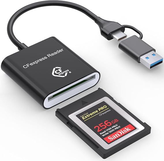 CF Express Type B Card Reader with USB 3.2 (Gen 2) 10Gbps, USB-C & USB-A 2-in-1 Type-B CFexpress Adapter, Compatible with Windows/Mac/Linux/Android, for PC, iPhone 16/15, Laptops, Tablets, Smartphones