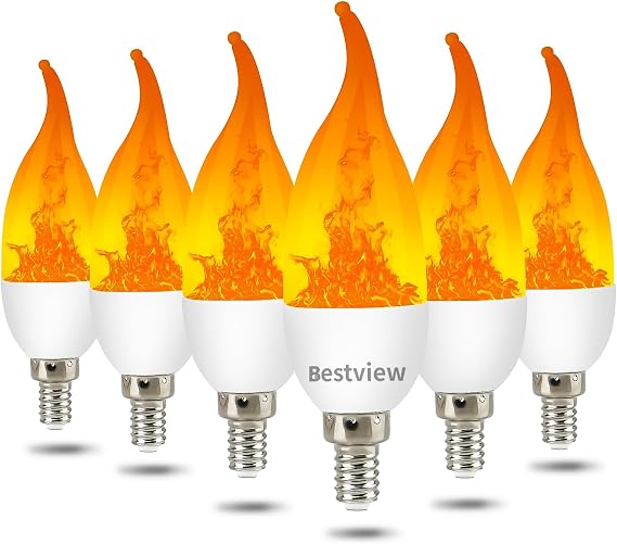 Bestview LED Flame Effect Light Bulbs,3 Modes Flickering Light Bulbs, Smart E12 Chandelier Base Candle Fire Light Bulb for Halloween, Christmas,Party, Porch Indoor&Outdoor Home Decoration -6 Pack