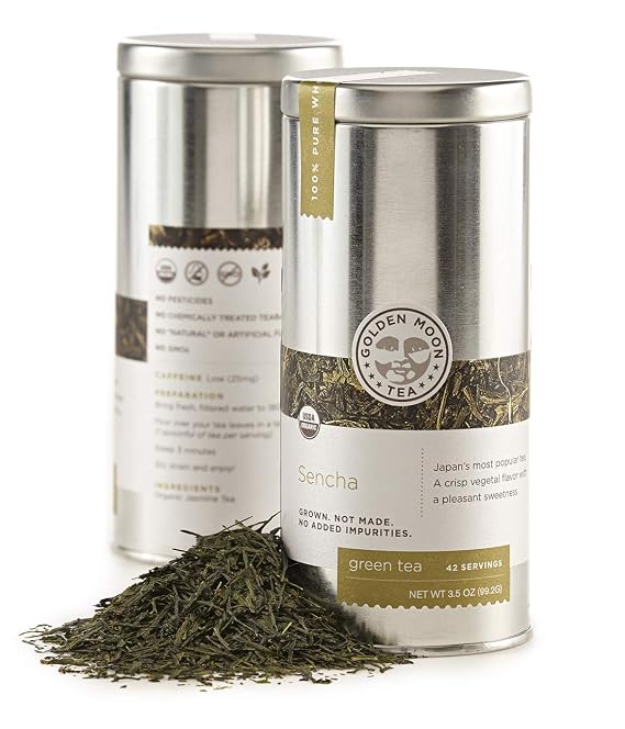 Golden Moon Organic Sencha Green Tea - Loose Leaf, Non-GMO - Travel Tin (42 Servings)