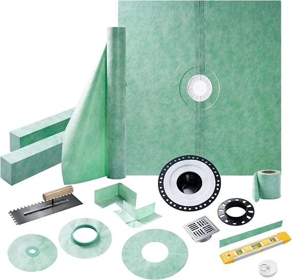 Albott Shower Curb Kit with Complete Shower Kit- Tray, Curb, Membrane, Seals, Bonding Flange, Corners, Trowel & Level, 72" x 72" Tray, Center Outlet Position