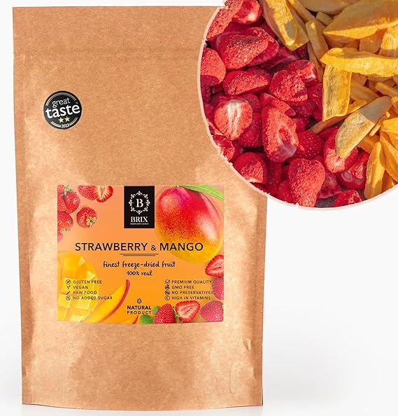 BRIX Freeze Dried Strawberry & Mango | 100% Natural Freeze Dried Strawberry & Mango 110g | Great Taste Award Dried Fruit | Non-GMO, Gluten Free, Vegan & Vitamins Retained