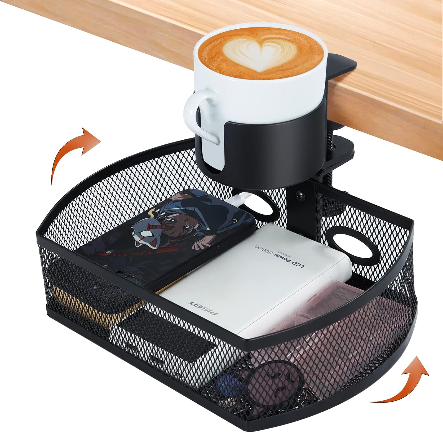2 in 1 Spill-proof Desk Cup Holder, Desk Organizer and Clamp-on Swivel Pencil Drawer, 360° Swivel, C-clamp Mounting, Suitable for Storing Drinks, Stationery, Mobile Phones Black