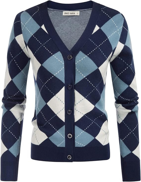 GRACE KARIN Womens Cardigan Sweater Fall Fashion Argyle Sweater Button Up Cardigan Teacher Outfits Preppy Clothes
