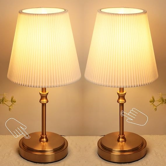 Bedside Lamps, 12'' Touch Control Table Lamp with 3D Pleates Shade 2 Pack | 3-Way Dim, 2700K Warm Light, Gold Metal Base, Bulb Included, Vintage Wired Lamps Bedside for Bedroom Living RoomDecor Gift [Energy Class F]