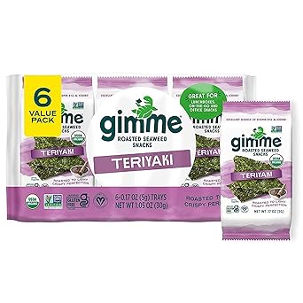 Gimme Seaweed Organic Roasted Seaweed Sheets Teriyaki Keto Vegan Gluten Free Great Source Of Iodine And Omega 3s Healthy OnTheGo Snack For Kids Adults, 6 Count