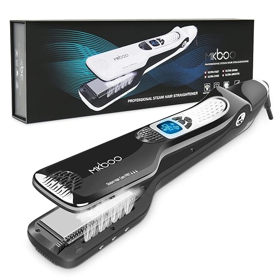 Hair Straightener with Steam, Salon Professional Nano Titanium Ceramic Steam Flat Iron with Removable Comb+Digital LCD+5 Level Adjustable Temperature+Auto Temperature Lock Black