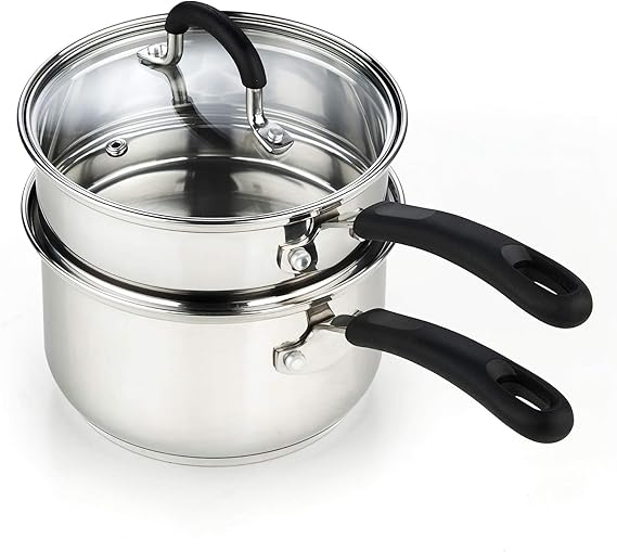 Cook N Home 2-Quart Stainless Steel Double Boiler Saucepan - Steam Melting Pot for Chocolate, Butter and Cheese with Tempered Glass Lid, Induction Compatible